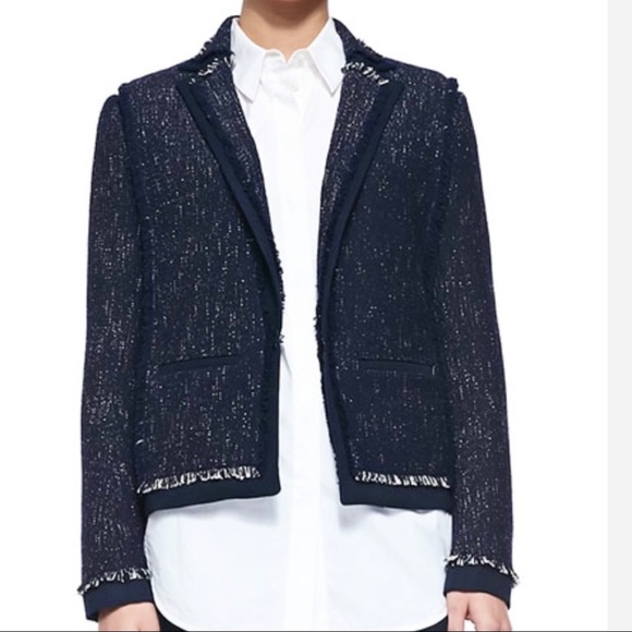 Vince Navy Blue Fringe Tweed Long Sleeve Open Front Blazer Jacket Size Small - Picture 1 of 14